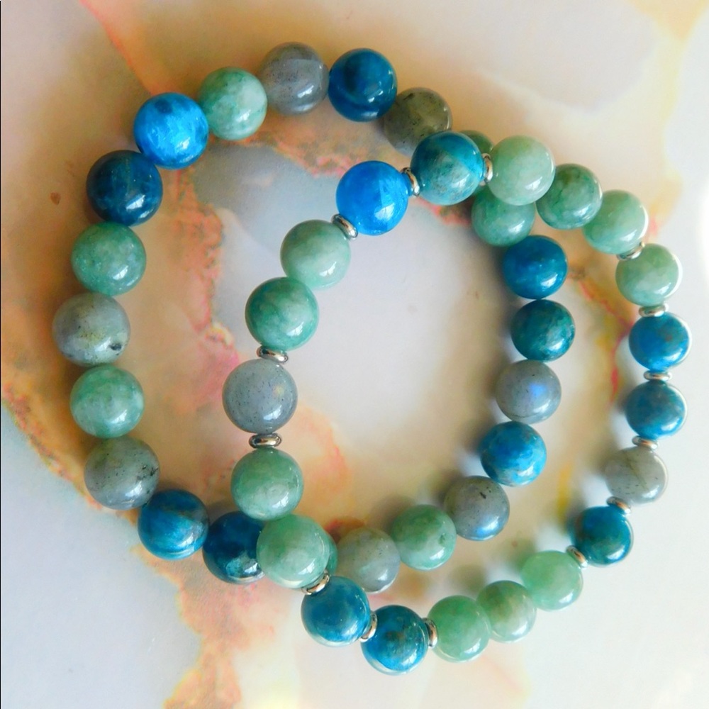 Communication + Strength + Longevity Crystal Bead Bracelet Stack Apatite Jade